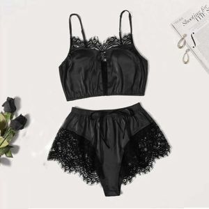 Spaghetti Strap Lace Pijama Set Sem Mangas Trim Underwear Sleep Shorts Set Lace Pijamas Terno Sleepwear Mulheres Sexy Nights Satin Q0706