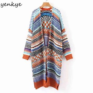 Moda Kobiety Boho Multicolor Sweter Sweter Długim Rękawem V Neck Vintage Oversize Odzieżowiec Płaszcz zimowy 210514