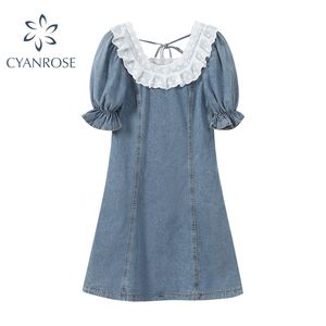 Letnie Dżinsowe Mini Sukienki Kobiety Moda Koronka Patchwork O-Neck Vintage Elegancka Bandaż Kobieta Błękitny A-Line Krótki 210515