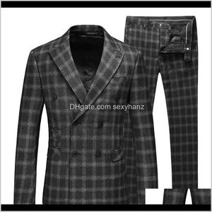 Blazers kläder kläder dropp leverans 2021 dubbelbröst plaid kostym set 3 st Envmenst varumärke hög kvalitet smart casual brudgum man bröllop