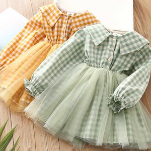 Children's Elegant 3-8 10 12 Years Long Sleeve Princess Plaid Mesh Patchwork Kids Baby Girls Lace Spring Autumn Dresses 210529