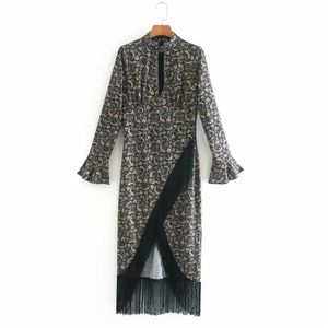 Summer Women Vintage Wrap Dress Long Sleeve Tassel Floral Print Maxi es Female Elegant Street Party vestidos 210513