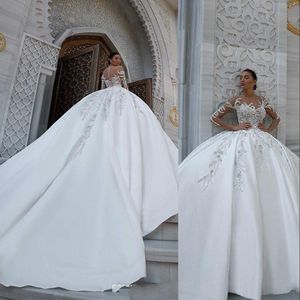 Bollklänning arabiska bröllopsklänningar formella brudklänningar satin spetsar applikationer kristallpärlor överskjolar avtagbara tåg långa ärmar vestidos de novia s