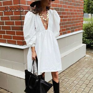 Jocoo Jolee Elegant Deep V Neck Puff Sleeve Loose Dress Casual Long Sleeve White Black Minimalism A Line Dress Spring Mini Dress 210619