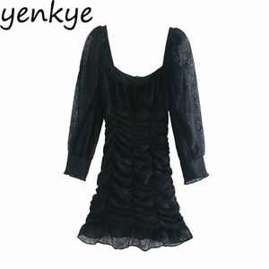 Moda Kadınlar Vintage Siyah Tığ Dantel Elbise Seksi Şeffaf Uzun Kollu Draped Bodycon Mini Parti Vestido 210514