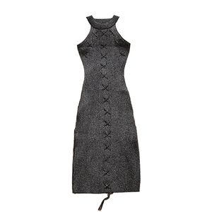 Sleeveless Knitted Khaki Black Gray Solid Lace Up Halter Tank Sexy Bodycon Sheath Knee Length Dress Club D0922 210514