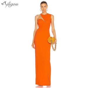 Sommar mode elegant kvinna bandage klänning sexig rund hals ärmlös tights orange långa kändis fest 210527