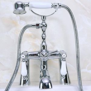 Wholesale clawfoot tub shower for sale - Group buy Brass Polished Chrome Deck Mounted ClawFoot Bathroom Tub Faucet Dual Ceramic Handles Telephone Style Hand Shower Head Ana110 Sets