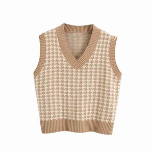 Vintage women elegant knitted vest autumn fashion ladies plaid sweater causal female v-neck sleeveless 210427