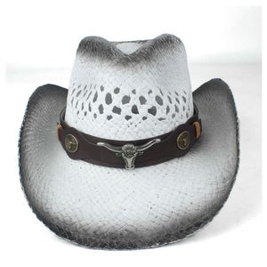 2019 Mężczyźni Kobiety Słomy Western Cowboy Kapelusz Lato Szeroki Brim Hat Outdoor Sombrero Hombre Cowgirl Hat Q0805