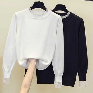 L-4Xl Plus Size Women Spring Autumn Kint Sweater Pullover Long Sleeve Lace O Neck Loose Casual Basic Thin Sweaters Jumper 210604