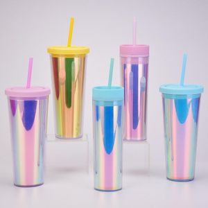Mugs PC Water Cup Tumbler Cold With Straw Double Layer Plastic Coffee Mug Reusable Drinking Bottle