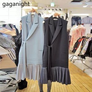 Gaganight Koreański styl Wiosna Jesień Eleganckie Płaszcze Wzburzyć Paski Patchwork Solidne V-Neck Bez Rękawów Rękawów Kobiet Kamizelki 210519