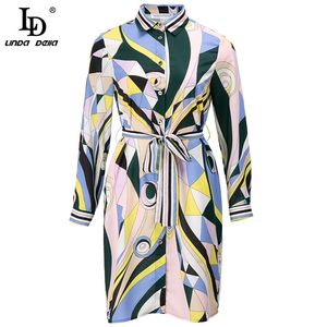 summer Runway Designer Dress Women Long sleeve Multicolor Geometry Stripes Print Bohemian Belt Holiday Mini 210522