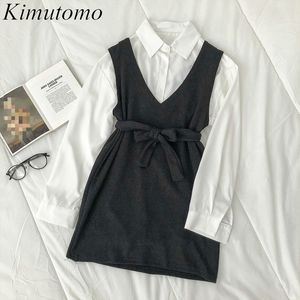Kimutomo корейские женские блузка 2 штуки наборы с длинным рукавом рубашка рубашки с длинным рукавом весна и ремень лука тонкий талию длинный жилет элегантный костюмы 210521