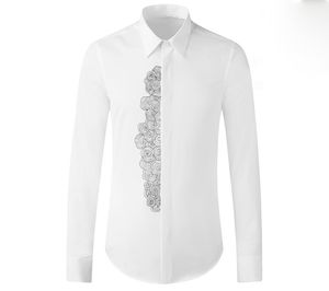 Moire Texture Kinesisk stil Broderi Tröja Män Mänskliga kläder Full ärm Slim Casual Shirts Anti-Wrinkle Cotton Camisas