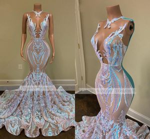 Wholesale 2 piece prom dresses resale online - Black Girls Sparkly Sequin Long Prom Dresses Sexy sheer o Neck Mermaid African Women Gala Evening Party Gowns robes CG001
