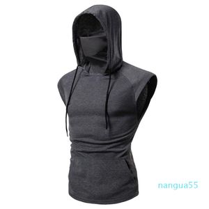 Mäns Tank Toppar Mode Mens Solid Färger Ärmlös Mask Knapp Sport Vest Hooded Splice Stor Storlek Open-Forked Male Fitness Tops #