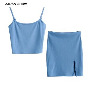 Chic Camis Tank Top Sexy Kobiety Elastyczne Talia Split Front Ribbed Mini Spódnica Szczur Skinny 2 Sztuk Zestaw 210429