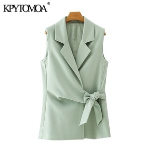 Women Fashion With Bow Tied Office Wear Wrap Vest Coat Vintage Notched Collar Sleeveless Female Waistcoat Chic Top 210416