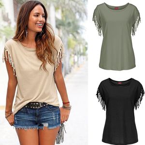 T-shirt das mulheres T-shirt de algodão tassel casual verão mangas cor sólida tees manga curta o-pescoço roupa coreana plus tamanho tops