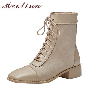 Meotina Äkta läder Mid Heel Short Boots Kvinnor Skor Square Toe Chunky Heels Zip Cross Tied Ankel Boots Höst Vinter Khaki 210520