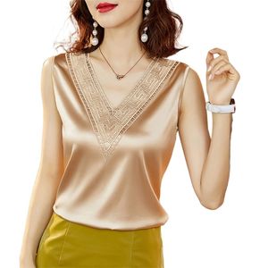 Koreanska Silk Kvinnor Blusar Toppar Kvinna Satin Shirts Broderi Lace V-Neck Elastic 210520