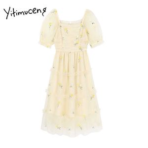 Yitimuceng Muslin Klänningar Kvinnor Sommar Broderi Hög midja Puff Sleeve Square Collar Unicolor Yellow Fashion Dress 210601