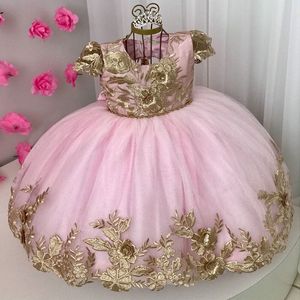 Baby Pink Ball Gown Flower Girl Dresses For Wedding Short Sleeves Beaded Toddler 3D Appliqued Backless Pageant Gowns Tulle Floor Length First Communion Dress