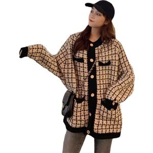 Autumn Women Sweater Coat Retro Shirt Check Long Sleeve Single Breasted Plaid Loose Knit Cardigan Ladys Spring Clothing 211011