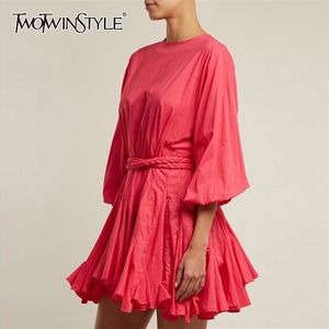 Casual Red Dresses Women O Neck Långärmad Hög midja Bandage Mini A-Line Klänning Kvinnlig Mode Kläder 210520