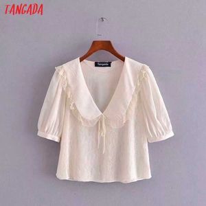 Tangada Women Retro Embroidery Romantic Lace Blouse Shirt Short Sleeve Summer Chic Female Shirt Tops 3H359 210609