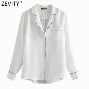 Zevity Women Fashion Black Edge Coll Down Collar White Smock Bluzka Office Lady Pocket Casual Koszula Chic Blusas Topy LS7632 210603