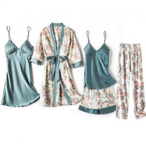 Blue Sleep Set Intimate Lingerie Sexy Nighty&Robe Suit Women Kimono Bathrobe Gown Satin Print Flower Sleepwear Homewear