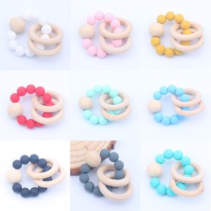 Natural Wooden Pacifier clips Ring Teethers for Baby Health Care Accessories Infant Fingers Exercise Toys Colorful Silicon Beaded Soother 16 colors