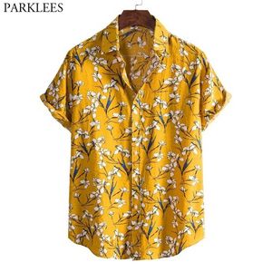 Camisa havaiana floral amarela para homens stylish verão curto mangueiro tropical aloha camisas botão ocasional para baixo camisa hawaiana 210522