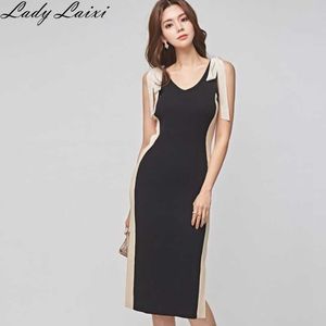 Sommar hit färg damer casual bow tank klänning pullovers stretchy slim split bodycon mantel penna klänningar vestidos 210529