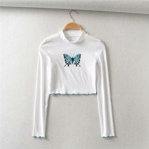 Sexiga Kvinnor Mode Butterfly Print Vit Sommar Kort Tshirts Girl Långärmad Turtleneck Exposed Navel T-shirt Toppar 210421