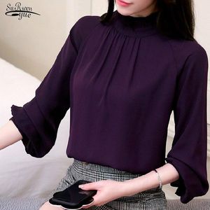 BLUSAS 2021 Blusa Chiffon Mulheres Tops Tops de outono Casual Lanterna Manga feminina Camisa feminina elegante moda púrpura