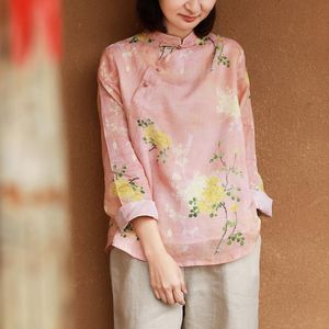 Johnature Women Chinese Style Shirts och toppar Ramie Högkvalitativa Blusar Stativ Långärmad Fjäderknapp Tryck Blomskjorta 210521
