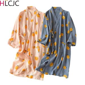 Japanese Style Kimono Spring Summer 100% Cotton Crepe Ladies Thin Nightgown Women Bathrobe Robe Home Service Pajamas 210831