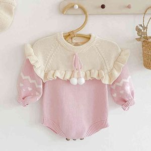 Primavera Outono Infantil Bebê Meninas Macacões Bodysuit Doce Manga Longa Malha 210429