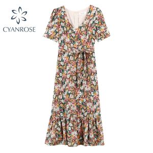 Mulheres Verão Ruffle Floral Impressão Vestido Lanter Manga Curta V Pescoço Boho Prairie Chic Lace Up Vestidos Casual Elegante Vestidos 210515