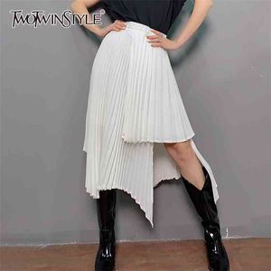 Weißer asymmetrischer Faltenrock für Frauen mit hoher Taille, lässig, minimalistisch, Midi-Röcke, weibliche Sommermode 210521