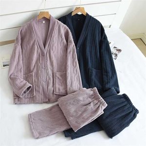 Couple Clothes Flannel Pajamas Set Autumn And Winter Pyjama V-neck Thick Long Sleeve Trouser Pijama Ensemble Femme Homewear 211112