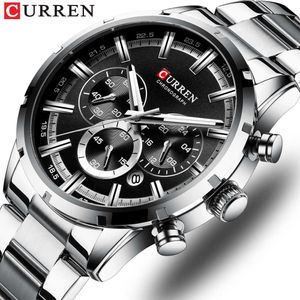 Curren Luxury Fashion Quartz Klassisk Sier och Black Clock Male Watch Mäns armbandsur med kalenderkronograf Q0524