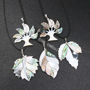 Natural Beautiful Ocean Sea Abalone Paua Shell Leaf Leaves Design Pendant Handmade Womens Delicate & Elegant White Shells Tree of Life Leather Cord Pendant Necklace