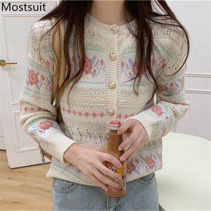 Vintage Floral Knitted Women Cardigan Sweater Full Sleeve O-neck Hollow Out Tops Korean Fashion Ladies Jumpers Femme 210514