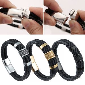 Pulseira de aço inoxidável de couro dos homens pulseira tecida corda multicamada trançado clássico clássico design de camada dupla punk fecho magnético pulseira 7.5 