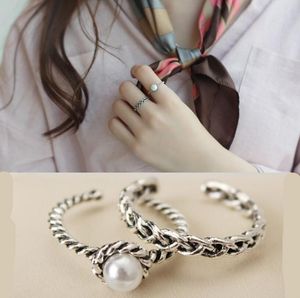 Retro 2 Sztuk Zestawy Obrotowy Pierścień Twist Woven Pearl Open Silver Plated Pierścień whoelsale